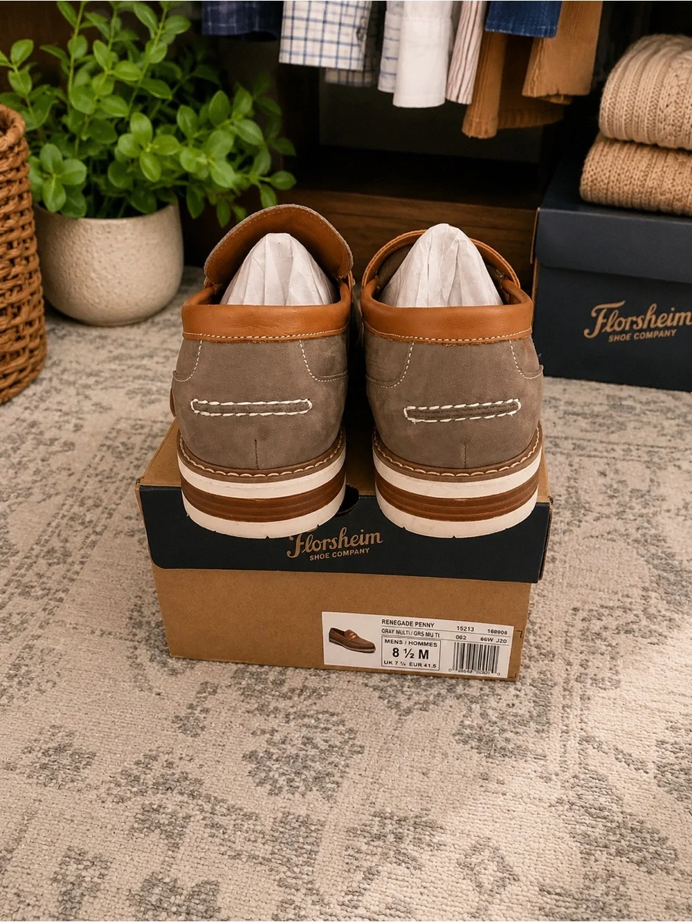Florsheim Taupe Suede Penny Loafers with Tan Strap